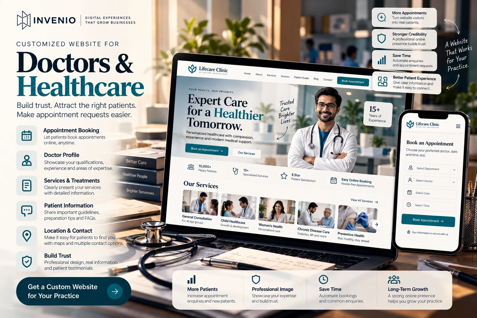 Illustrative healthcare website concept board showing desktop and mobile clinic layouts.
