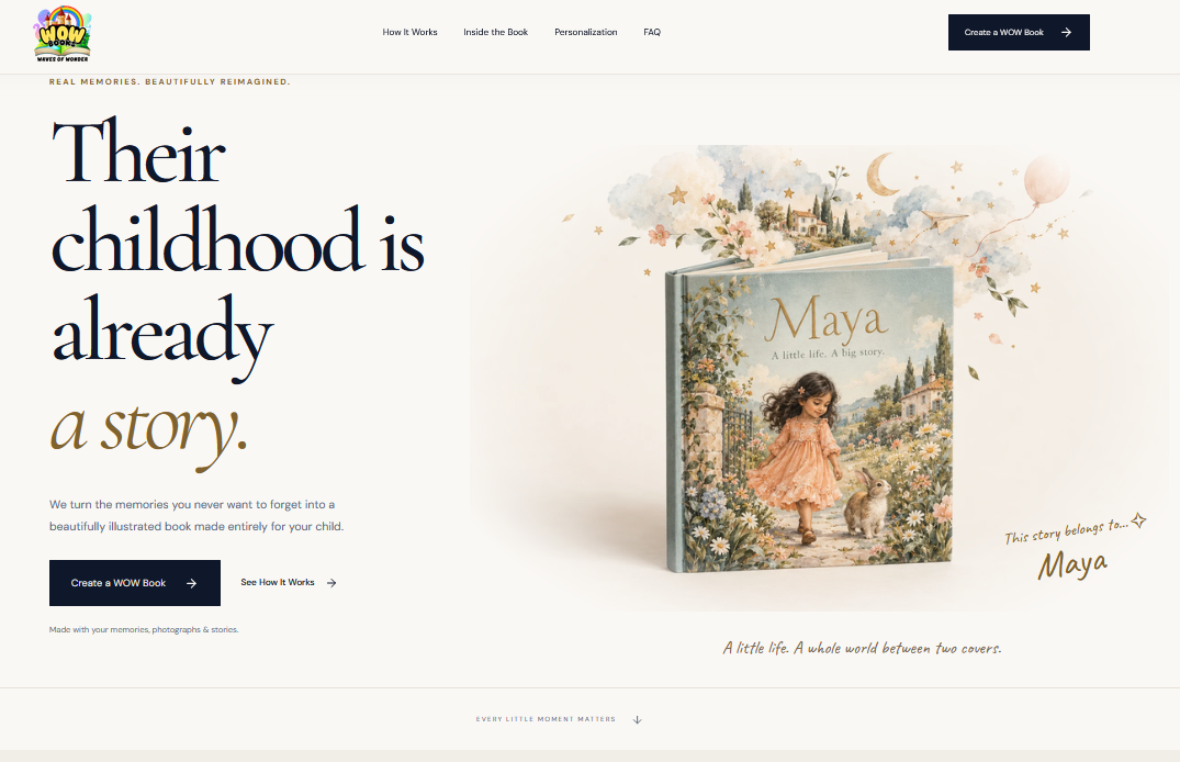 Actual WOW Custom Books website homepage, with its logo, childhood story headline and illustrated Maya book